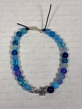 Mini Silver Cross Blue Glass Bead Bracelet ~7.50 inches